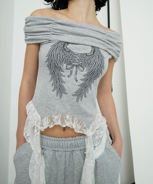 Heart Tattoo(ハートタトゥー)の「サイドレースフリルオフショルトップス / Side Lace Frill Off-Shoulder Top(Tシャツ/カットソー・レディース・ホワイト/グレー・FREE)」の12枚目の写真