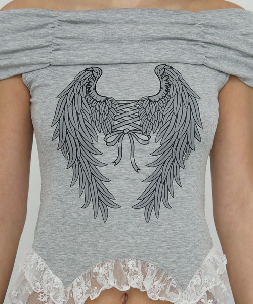 Heart Tattoo(ハートタトゥー)の「サイドレースフリルオフショルトップス / Side Lace Frill Off-Shoulder Top(Tシャツ/カットソー・レディース・ホワイト/グレー・FREE)」の13枚目の写真
