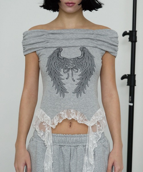Heart Tattoo(ハートタトゥー)の「サイドレースフリルオフショルトップス / Side Lace Frill Off-Shoulder Top(Tシャツ/カットソー・レディース・ホワイト/グレー・FREE)」の14枚目の写真