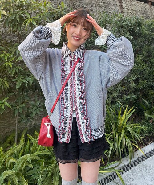 CIAOPANIC(チャオパニック)の「【あやっち企画】【HELLO.SANFRANCISCO/ハローサンフランシスコ】リボン付きチェックブルゾン(ブルゾン・レディース・ネイビー/サックスブルー・ONE SIZE)」の1枚目の写真