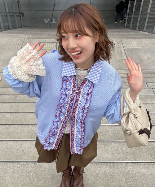 CIAOPANIC(チャオパニック)の「【あやっち企画】【HELLO.SANFRANCISCO/ハローサンフランシスコ】リボン付きチェックブルゾン(ブルゾン・レディース・ネイビー/サックスブルー・ONE SIZE)」の2枚目の写真