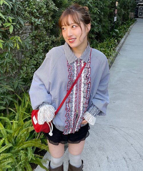 CIAOPANIC(チャオパニック)の「【あやっち企画】【HELLO.SANFRANCISCO/ハローサンフランシスコ】リボン付きチェックブルゾン(ブルゾン・レディース・ネイビー/サックスブルー・ONE SIZE)」の3枚目の写真