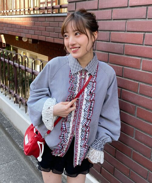 CIAOPANIC(チャオパニック)の「【あやっち企画】【HELLO.SANFRANCISCO/ハローサンフランシスコ】リボン付きチェックブルゾン(ブルゾン・レディース・ネイビー/サックスブルー・ONE SIZE)」の5枚目の写真