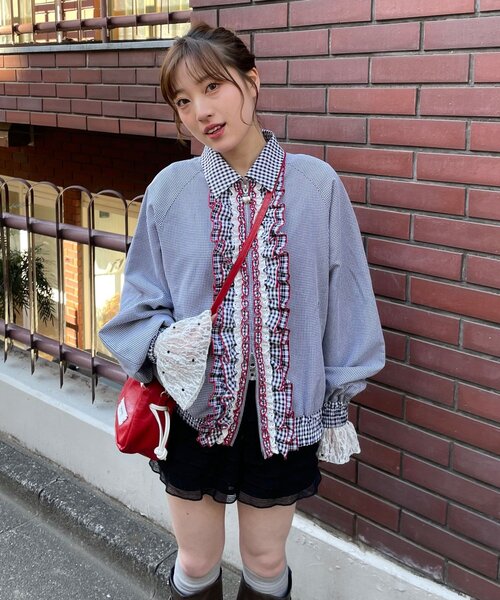 CIAOPANIC(チャオパニック)の「【あやっち企画】【HELLO.SANFRANCISCO/ハローサンフランシスコ】リボン付きチェックブルゾン(ブルゾン・レディース・ネイビー/サックスブルー・ONE SIZE)」の6枚目の写真