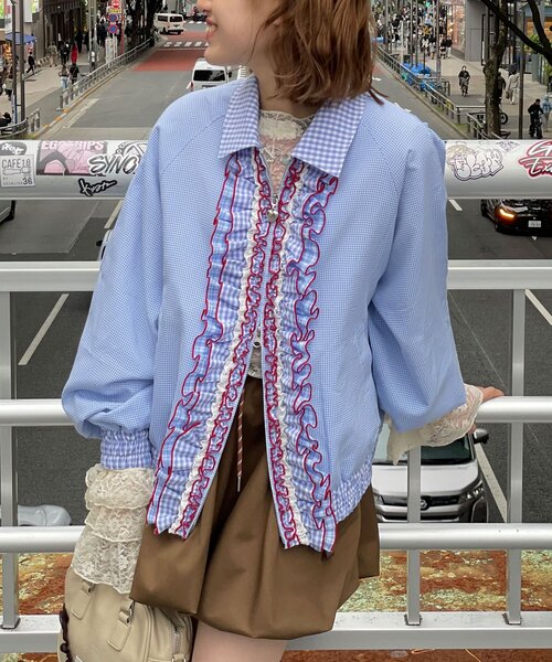 CIAOPANIC(チャオパニック)の「【あやっち企画】【HELLO.SANFRANCISCO/ハローサンフランシスコ】リボン付きチェックブルゾン(ブルゾン・レディース・ネイビー/サックスブルー・ONE SIZE)」の14枚目の写真