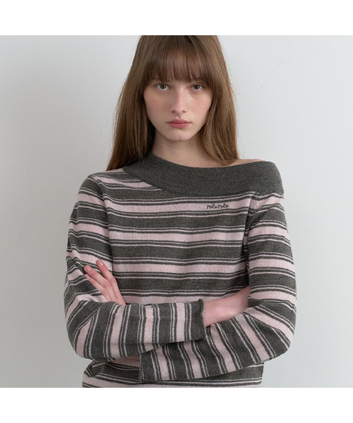 ROLAROLA(ロラロラ)の「ONE OFF SHOULDER STRIPE KNIT GY+PK(ニット/セーター・レディース・グレー×ピンク・FREE)」の1枚目の写真