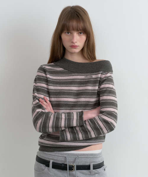 ONE OFF SHOULDER STRIPE KNIT GY+PK（ニット/セーター）｜ROLAROLA