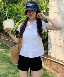 韓国風コンパクト半袖シャツブラウス