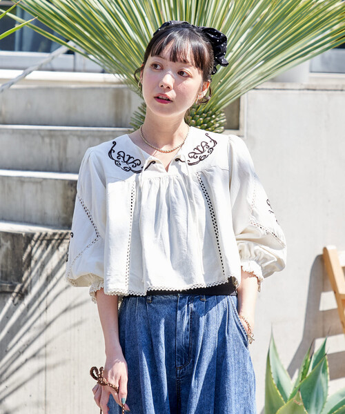 FREAK'S STORE（フリークスストア）の「インド 刺繍 モックショートシャツ（シャツ/ブラウス・レディース・オフホワイト/ブラック・ﾌﾘ-）」の8枚目の写真