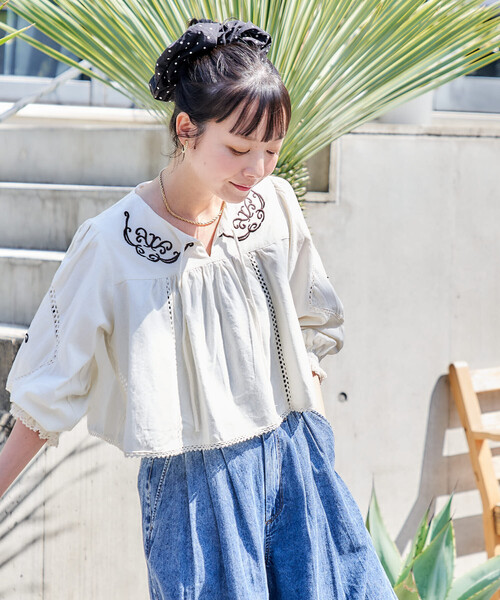 FREAK'S STORE（フリークスストア）の「インド 刺繍 モックショートシャツ（シャツ/ブラウス・レディース・オフホワイト/ブラック・ﾌﾘ-）」の9枚目の写真