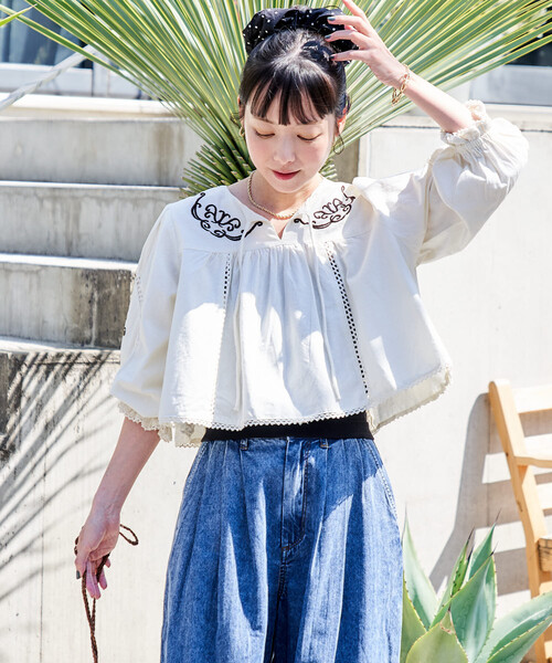 FREAK'S STORE（フリークスストア）の「インド 刺繍 モックショートシャツ（シャツ/ブラウス・レディース・オフホワイト/ブラック・ﾌﾘ-）」の12枚目の写真