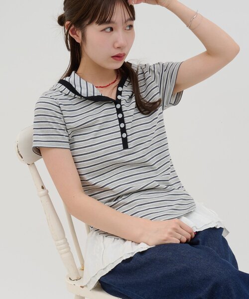 DISCOAT(ディスコート)の「【umm.】マルチボーダーフードTシャツ(Tシャツ/カットソー・レディース・ライトグレー/チャコールグレー/アイボリー・FREE)」の1枚目の写真
