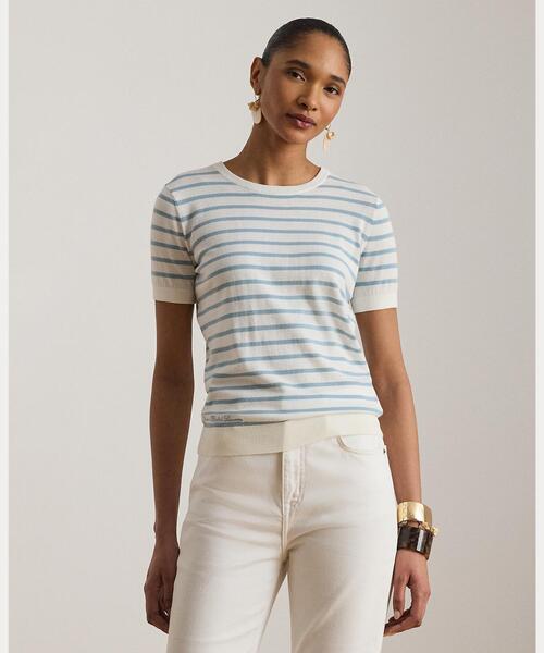 LAUREN RALPH LAUREN(ローレン ラルフ ローレン)の「ストライプド コットン ショートスリーブ セーター(ニット/セーター・レディース・ホワイト・M/S/XS)」の1枚目の写真