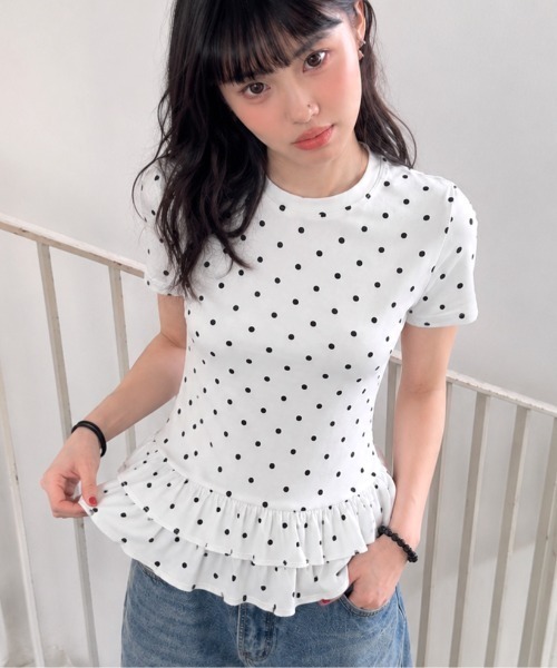 SHEENA(シーナ)の「ドットフリル半袖Tシャツ(Tシャツ/カットソー・レディース・ホワイト/ブラック・M)」の4枚目の写真