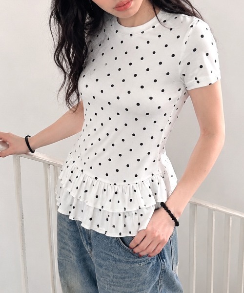 SHEENA(シーナ)の「ドットフリル半袖Tシャツ(Tシャツ/カットソー・レディース・ホワイト/ブラック・M)」の5枚目の写真