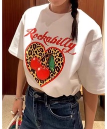 ヒョウ柄 ハート チェリー プリントレトロ ロカビリーTシャツ