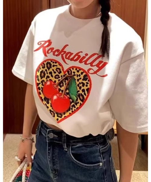 CHEER(チアー)の「ヒョウ柄 ハート チェリー プリントレトロ ロカビリーTシャツ(Tシャツ/カットソー・レディース・ホワイト・FREE)」の4枚目の写真