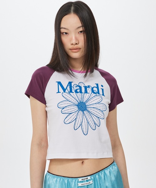 Mardi Mercredi(マルディメクルディ)の「CROPPED TSHIRT RAGLAN FLOWERMARDI / クロップド Tシャツ ラグラン フラワー マルディ(Tシャツ/カットソー・レディース・ホワイト×パープル/ホワイト×ブルー/ホワイト×ピンク・FREE)」の16枚目の写真