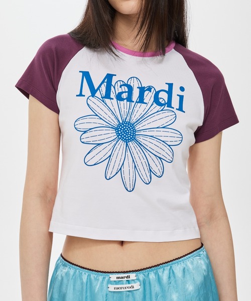Mardi Mercredi(マルディメクルディ)の「CROPPED TSHIRT RAGLAN FLOWERMARDI / クロップド Tシャツ ラグラン フラワー マルディ(Tシャツ/カットソー・レディース・ホワイト×パープル/ホワイト×ブルー/ホワイト×ピンク・FREE)」の17枚目の写真