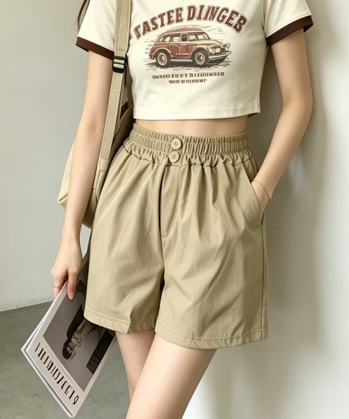 Miniministore（ミニミニストア）の「ハイウエストショートパンツ 美脚見え無地（デニムパンツ・レディース・ベージュ/ブラック・M/L）」の5枚目の写真