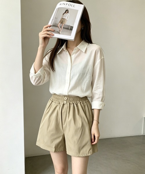 Miniministore（ミニミニストア）の「ハイウエストショートパンツ 美脚見え無地（デニムパンツ・レディース・ベージュ/ブラック・M/L）」の15枚目の写真