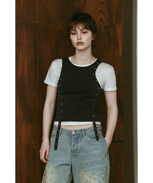 Knuth Marf(クヌースマーフ)の「2piece layered tank tee(Tシャツ/カットソー・レディース・チャコール/ベージュ/ブラック・FREE)」の6枚目の写真