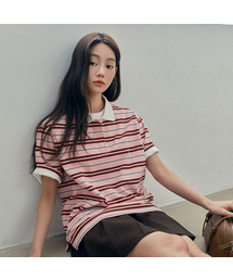 [W]ストライプオーバーサイズカラー半袖Tシャツ - 2カラー