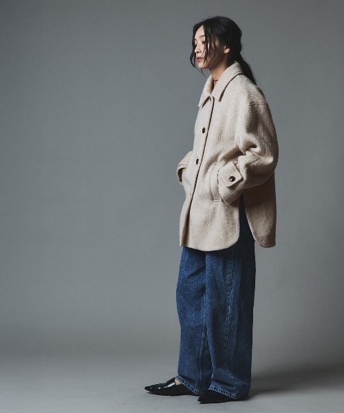 W:Huku(フーク)の「ウール シャギー ステンカラー コート / Wool Shaggy Soutien Collar Coat(ピーコート・レディース・チャコール/マスタード/ブラウン/ライトベージュ・FREE)」の1枚目の写真