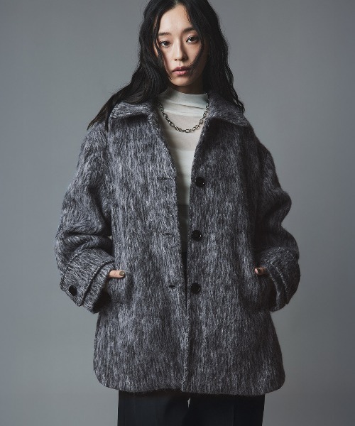W:Huku(フーク)の「ウール シャギー ステンカラー コート / Wool Shaggy Soutien Collar Coat(ピーコート・レディース・チャコール/マスタード/ブラウン/ライトベージュ・FREE)」の2枚目の写真