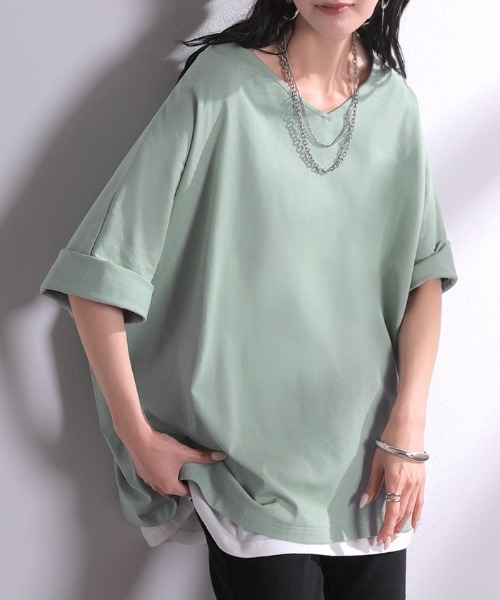 HUG.U(ハグユー)の「「アセナイン」 汗ジミ軽減 ロールアップ袖 VネックTシャツ(Tシャツ/カットソー・レディース・ダークグレー/ミント/オレンジ/ホワイト/ブラック・FREE)」の4枚目の写真