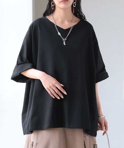 HUG.U(ハグユー)の「「アセナイン」 汗ジミ軽減 ロールアップ袖 VネックTシャツ(Tシャツ/カットソー・レディース・ダークグレー/ミント/オレンジ/ホワイト/ブラック・FREE)」の2枚目の写真