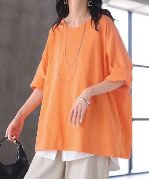 HUG.U(ハグユー)の「「アセナイン」 汗ジミ軽減 ロールアップ袖 VネックTシャツ(Tシャツ/カットソー・レディース・ダークグレー/ミント/オレンジ/ホワイト/ブラック・FREE)」の9枚目の写真