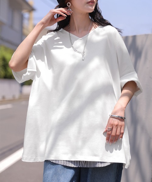 HUG.U(ハグユー)の「「アセナイン」 汗ジミ軽減 ロールアップ袖 VネックTシャツ(Tシャツ/カットソー・レディース・ダークグレー/ミント/オレンジ/ホワイト/ブラック・FREE)」の6枚目の写真