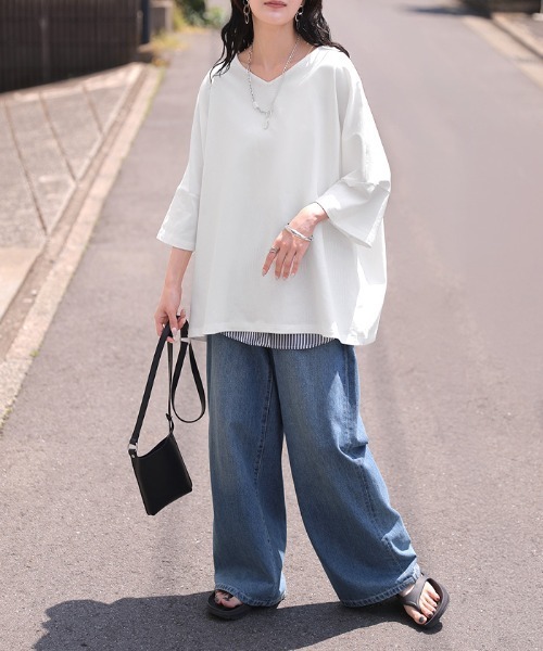 HUG.U(ハグユー)の「「アセナイン」 汗ジミ軽減 ロールアップ袖 VネックTシャツ(Tシャツ/カットソー・レディース・ダークグレー/ミント/オレンジ/ホワイト/ブラック・FREE)」の8枚目の写真