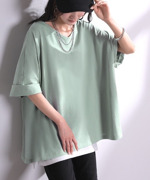 HUG.U(ハグユー)の「「アセナイン」 汗ジミ軽減 ロールアップ袖 VネックTシャツ(Tシャツ/カットソー・レディース・ダークグレー/ミント/オレンジ/ホワイト/ブラック・FREE)」の12枚目の写真