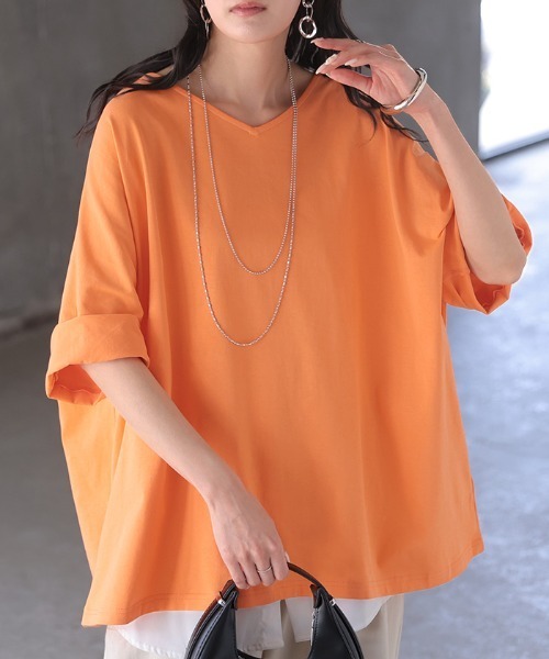HUG.U(ハグユー)の「「アセナイン」 汗ジミ軽減 ロールアップ袖 VネックTシャツ(Tシャツ/カットソー・レディース・ダークグレー/ミント/オレンジ/ホワイト/ブラック・FREE)」の10枚目の写真