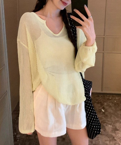 Miniministore(ミニミニストア)の「透かし編みトップス ゆったりプルオーバー(Tシャツ/カットソー・レディース・ミント/ホワイト/ベージュ/ライトイエロー/ブラック・FREE)」の1枚目の写真