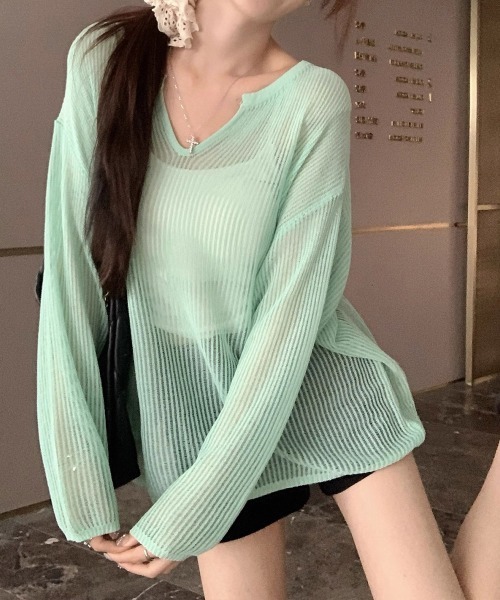 Miniministore(ミニミニストア)の「透かし編みトップス ゆったりプルオーバー(Tシャツ/カットソー・レディース・ミント/ホワイト/ベージュ/ライトイエロー/ブラック・FREE)」の5枚目の写真