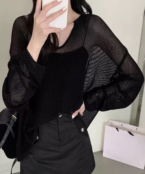 Miniministore(ミニミニストア)の「透かし編みトップス ゆったりプルオーバー(Tシャツ/カットソー・レディース・ミント/ホワイト/ベージュ/ライトイエロー/ブラック・FREE)」の3枚目の写真