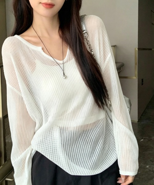 Miniministore(ミニミニストア)の「透かし編みトップス ゆったりプルオーバー(Tシャツ/カットソー・レディース・ミント/ホワイト/ベージュ/ライトイエロー/ブラック・FREE)」の6枚目の写真