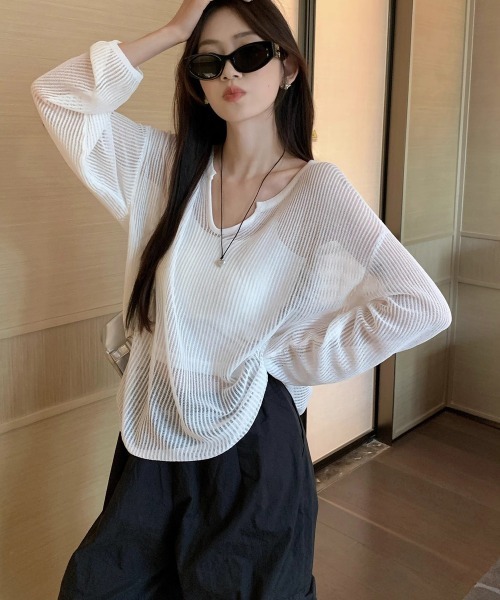 Miniministore(ミニミニストア)の「透かし編みトップス ゆったりプルオーバー(Tシャツ/カットソー・レディース・ミント/ホワイト/ベージュ/ライトイエロー/ブラック・FREE)」の7枚目の写真
