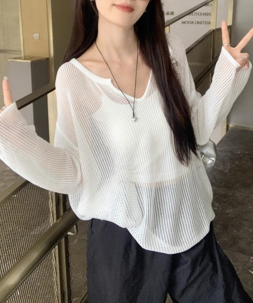 Miniministore(ミニミニストア)の「透かし編みトップス ゆったりプルオーバー(Tシャツ/カットソー・レディース・ミント/ホワイト/ベージュ/ライトイエロー/ブラック・FREE)」の8枚目の写真
