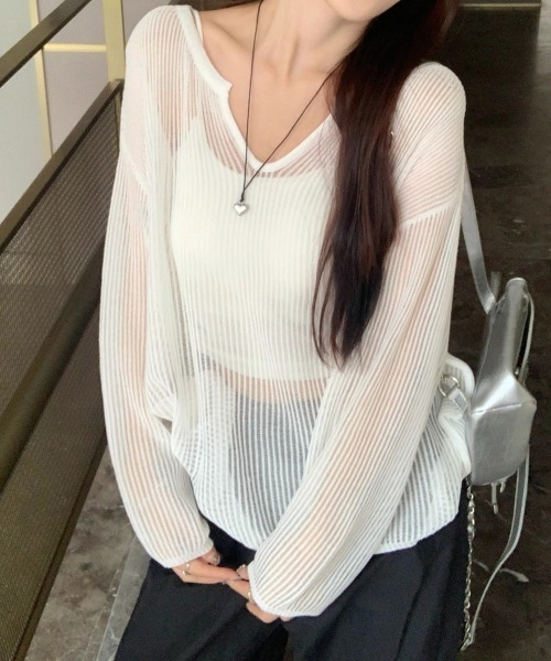 Miniministore(ミニミニストア)の「透かし編みトップス ゆったりプルオーバー(Tシャツ/カットソー・レディース・ミント/ホワイト/ベージュ/ライトイエロー/ブラック・FREE)」の9枚目の写真