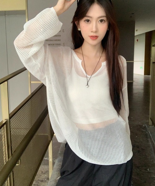 Miniministore(ミニミニストア)の「透かし編みトップス ゆったりプルオーバー(Tシャツ/カットソー・レディース・ミント/ホワイト/ベージュ/ライトイエロー/ブラック・FREE)」の10枚目の写真
