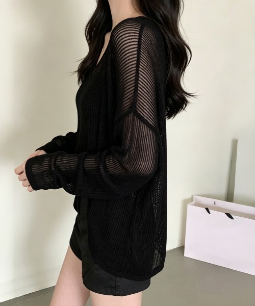 Miniministore(ミニミニストア)の「透かし編みトップス ゆったりプルオーバー(Tシャツ/カットソー・レディース・ミント/ホワイト/ベージュ/ライトイエロー/ブラック・FREE)」の12枚目の写真