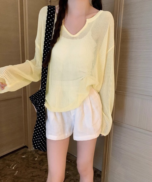 Miniministore(ミニミニストア)の「透かし編みトップス ゆったりプルオーバー(Tシャツ/カットソー・レディース・ミント/ホワイト/ベージュ/ライトイエロー/ブラック・FREE)」の18枚目の写真