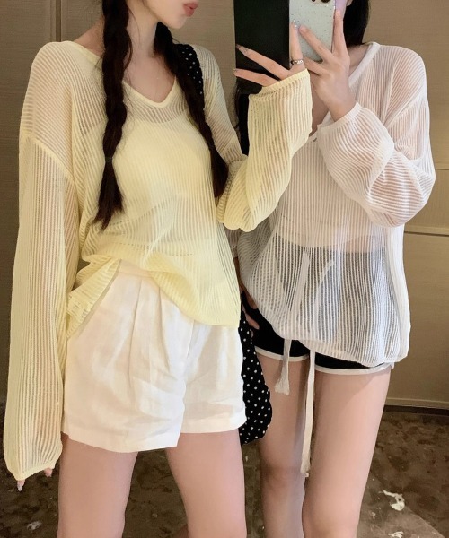 Miniministore(ミニミニストア)の「透かし編みトップス ゆったりプルオーバー(Tシャツ/カットソー・レディース・ミント/ホワイト/ベージュ/ライトイエロー/ブラック・FREE)」の19枚目の写真