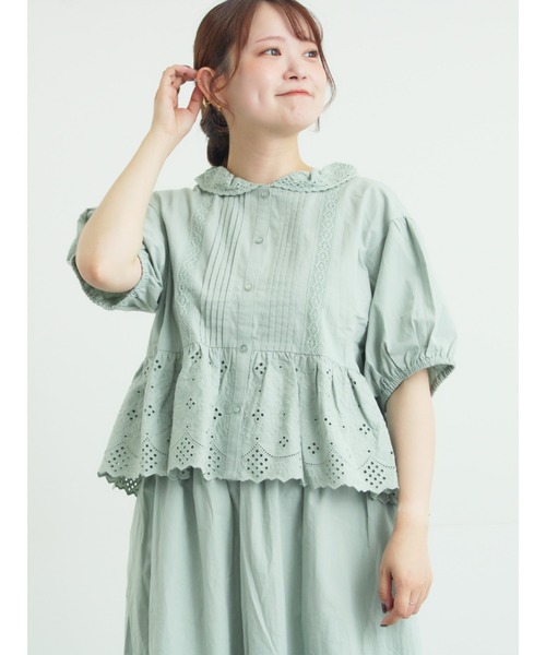 Samansa Mos2(サマンサ モスモス)の「【販路限定】パフスリーブレースブラウス(シャツ/ブラウス・レディース・オフホワイト/ブラック/ミント・F)」の3枚目の写真