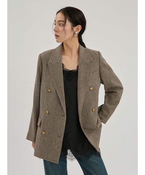 Mila Owen(ミラオーウェン)の「金釦ダブルブレストチェックロングブレザー(テーラードジャケット・レディース・ブラウン/ベージュ・F)」の10枚目の写真