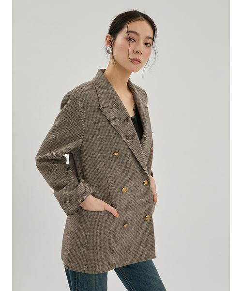 Mila Owen(ミラオーウェン)の「金釦ダブルブレストチェックロングブレザー(テーラードジャケット・レディース・ブラウン/ベージュ・F)」の12枚目の写真
